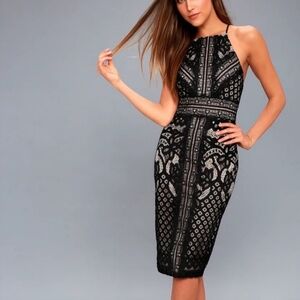 NWT Lulu's Primrose Nude and Black Lace Bodycon Midi Dress